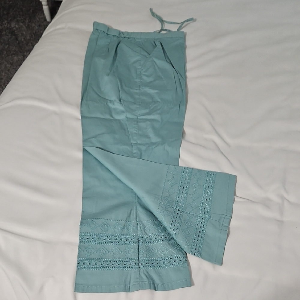 Teal Wide-Leg Pants with Lace Detail